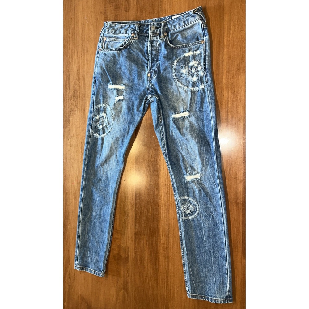 Evisu Japan Women's Embroidered Distressed Jeans 30x34 Custom Straight Denim